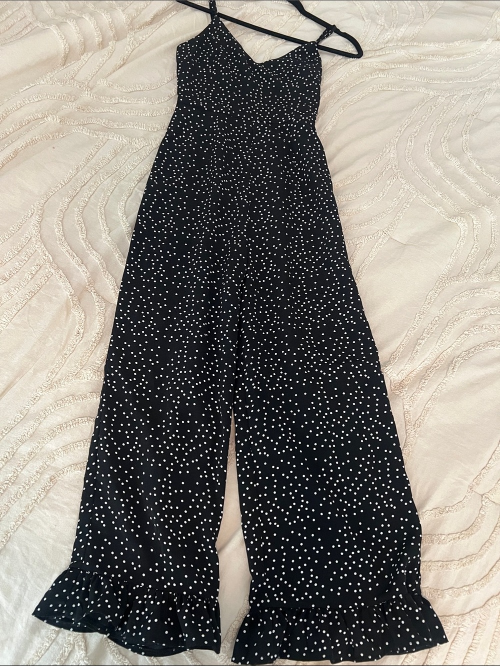 Black Polka Dot Spaghetti-Strap Jumpsuit with Ruffle Hem